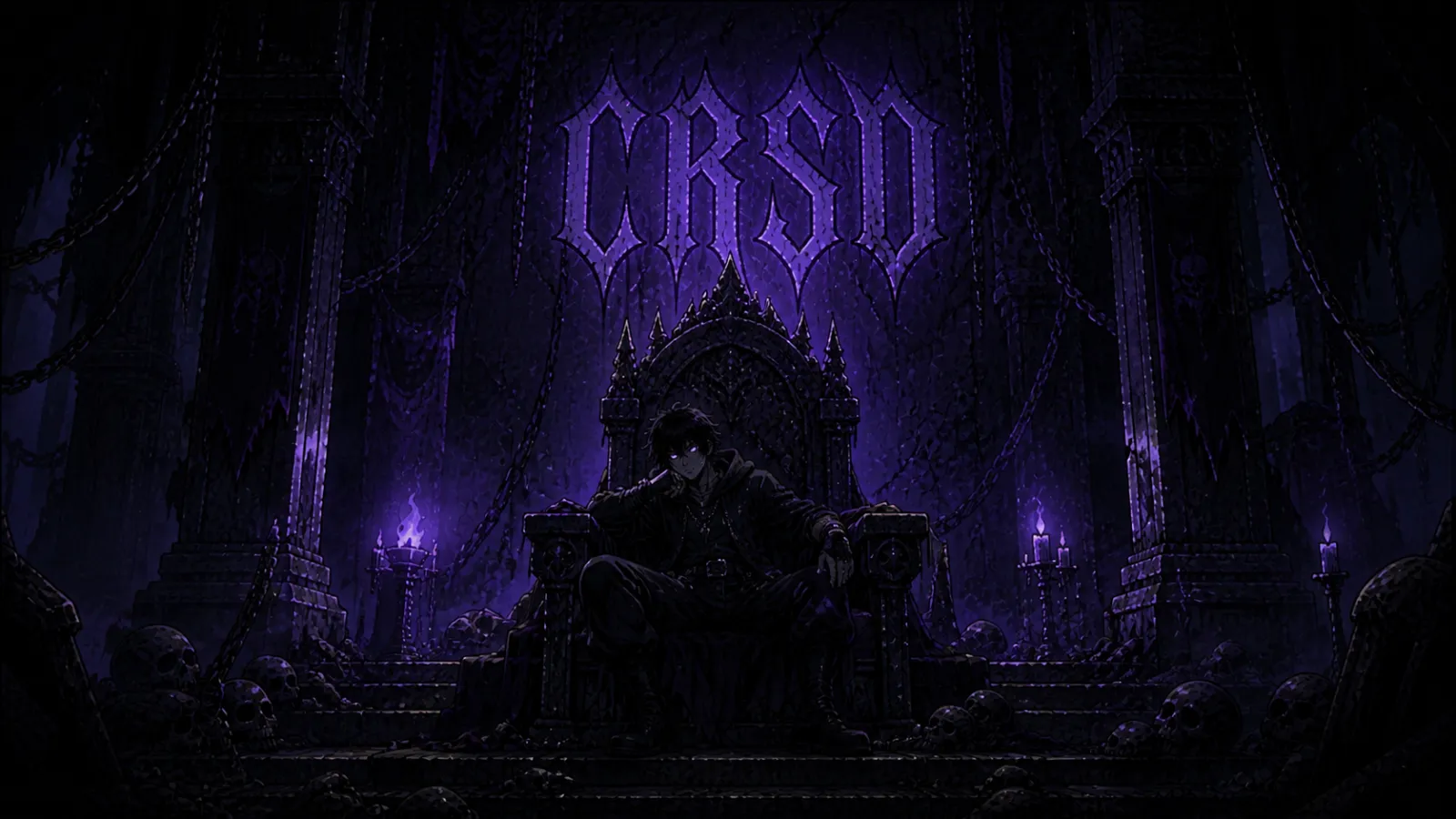A shadowed throne lit by violet flame